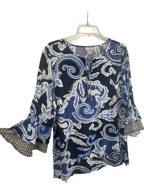 Chico's 3/4 Sleeve Boho Blue Navy Paisley Tunic Tassel Sz 8/10 Blouse